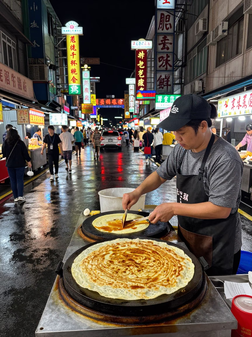Late Night Kaohsiung Street Scene with Jianbing Crepe and Limestone Cliff Background in in Kaohsiung, Taiwan