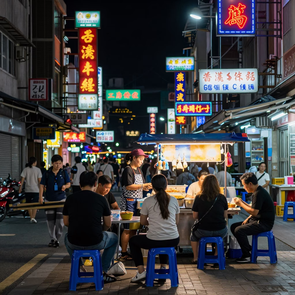 Late Night Kaohsiung Street Scene with Neon Lights and Local Street Food Vendor in in Kaohsiung, Taiwan