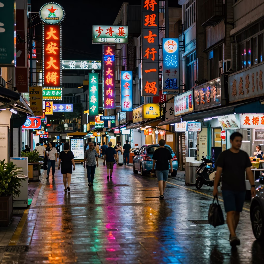 Late Night Kaohsiung Street Scene with Neon Lights and Urban Activity in in Kaohsiung, Taiwan
