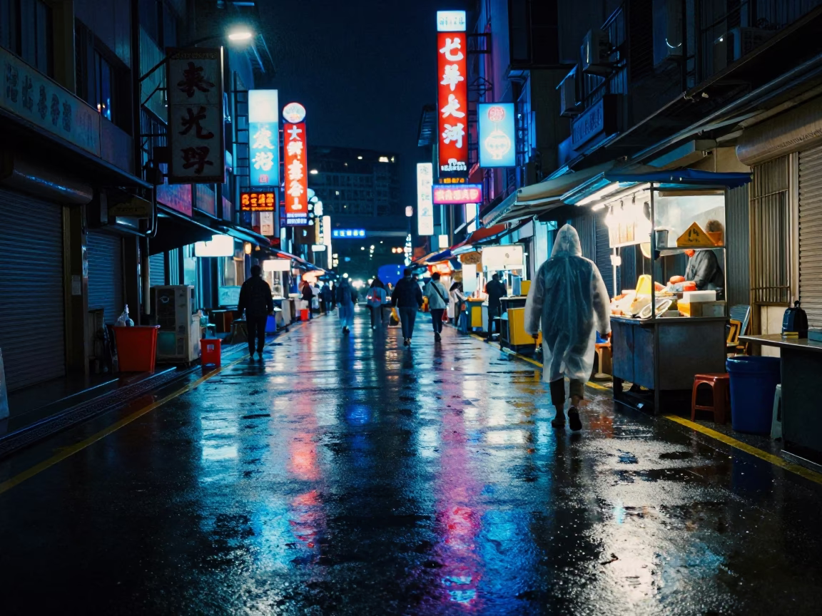 Late Night Kaohsiung Street Scene with Neon Reflections and Local Urban Details in in Kaohsiung, Taiwan