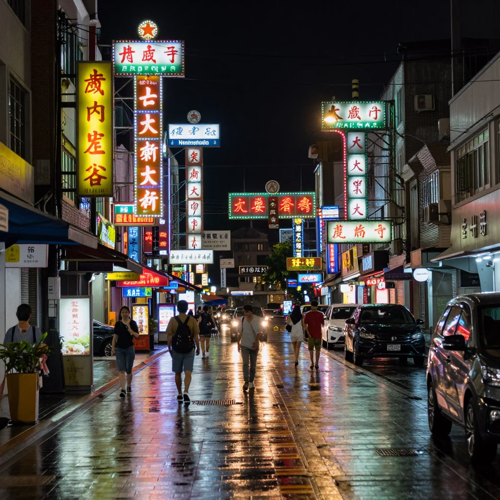 Late Night Kaohsiung Street Scene with Neon Signs and Local Dining in in Kaohsiung, Taiwan