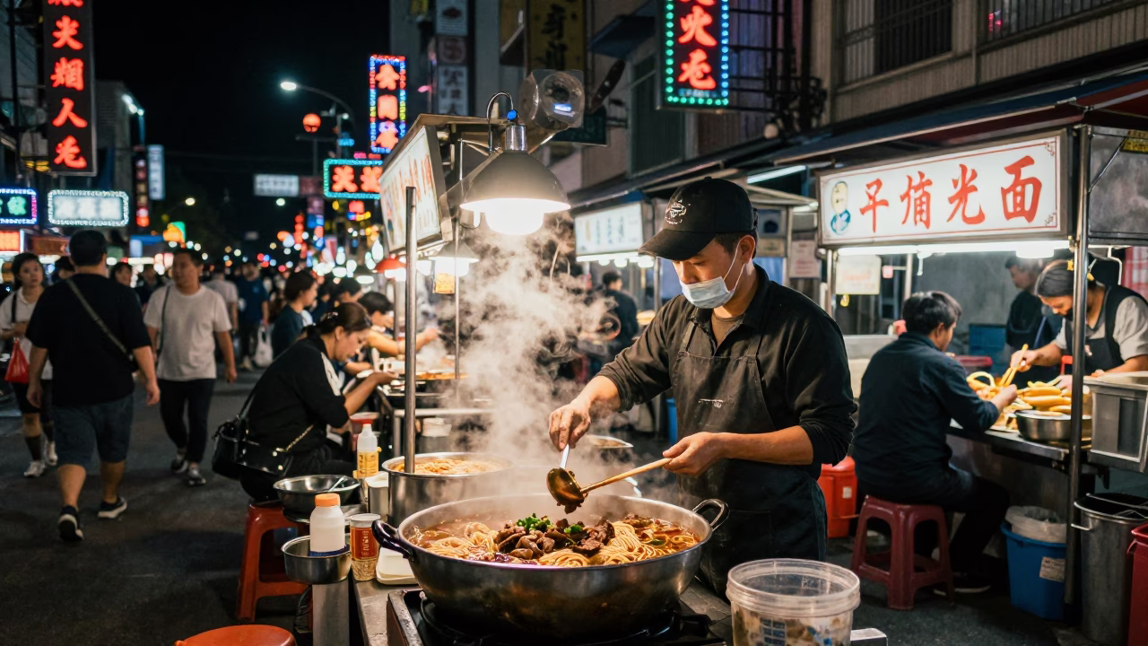 Late Night Kaohsiung Street Scene with Neon Signs and Local Food Stall in in Kaohsiung, Taiwan