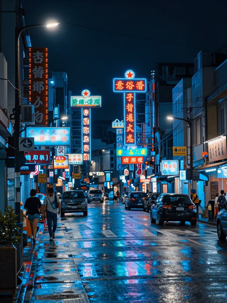Late Night Kaohsiung Street Scene with Neon Signs and Wet Pavement Reflections in in Kaohsiung, Taiwan