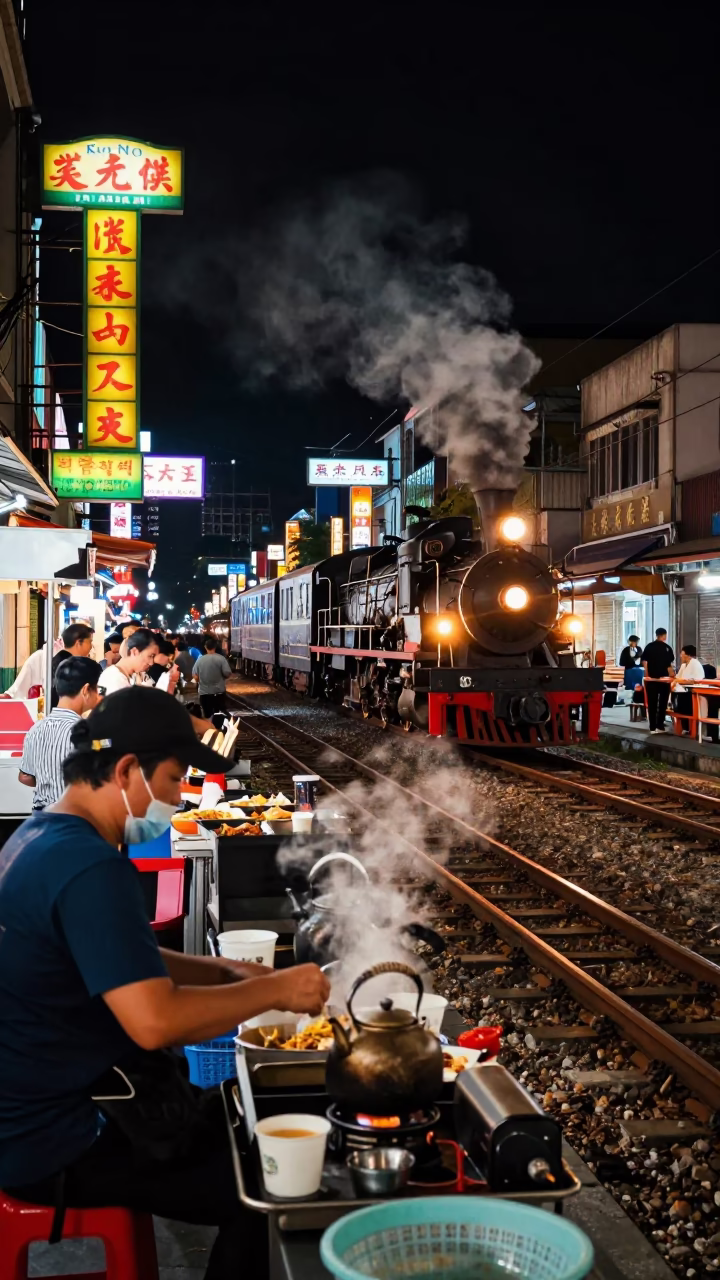 Late Night Kaohsiung Street Scene with Steam Train and Tea Kettle in in Kaohsiung, Taiwan