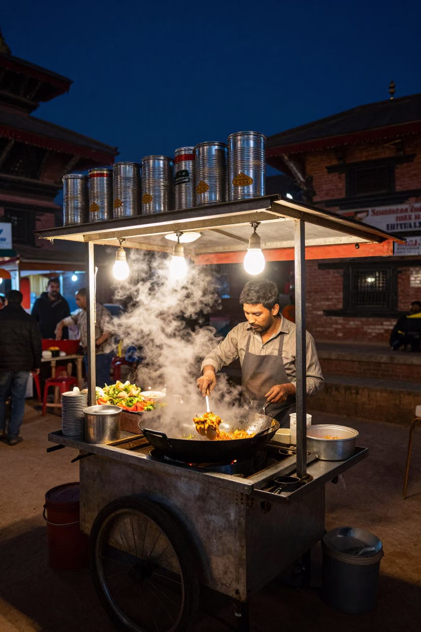 Late Night Kathmandu Street Food Stall with Tiffin Tin and Night Sky in in Kathmandu, Nepal