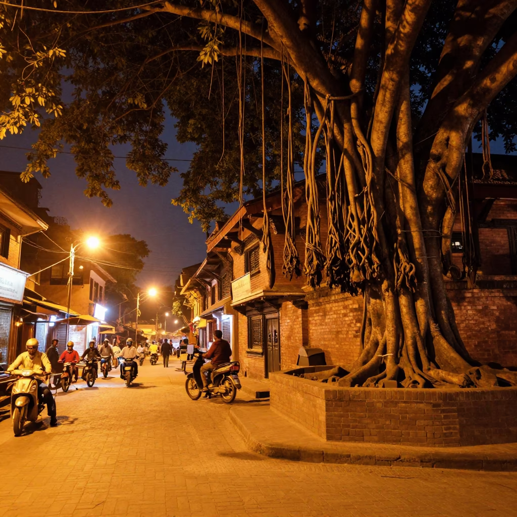 Late Night Kathmandu Street Scene with Banyan Tree Shadows and Boot Scraper in in Kathmandu, Nepal