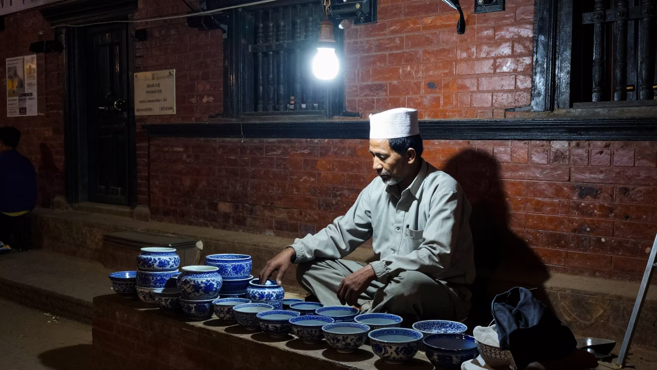 Late Night Kathmandu Street Scene with Blue Porcelain Bowl and Paper Fan in in Kathmandu, Nepal