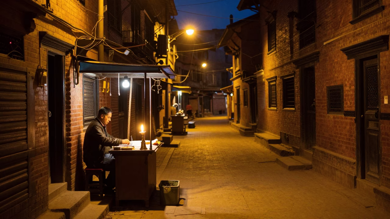 Late Night Kathmandu Street Scene with Candle Holder and Steam Haze in in Kathmandu, Nepal