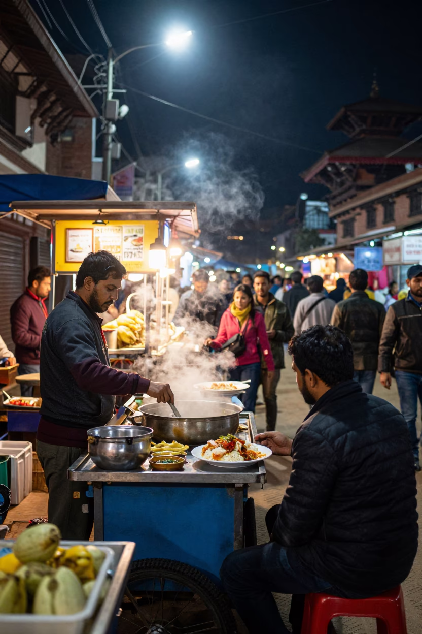 Late Night Kathmandu Street Scene with Colorful Food Stalls and Local Life in in Kathmandu, Nepal