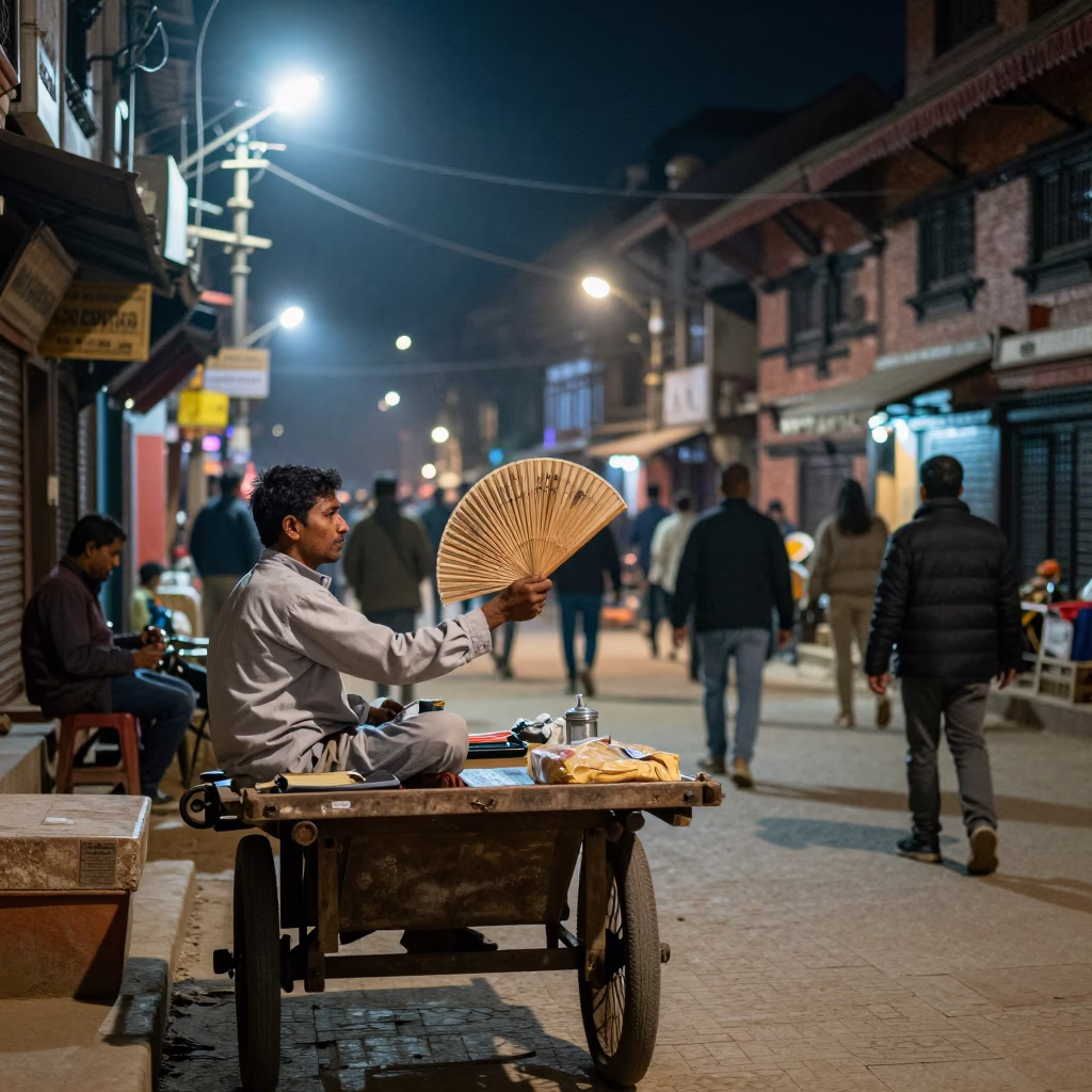 Late Night Kathmandu Street Scene with Folding Fan and Paint Flecks on Latch in in Kathmandu, Nepal