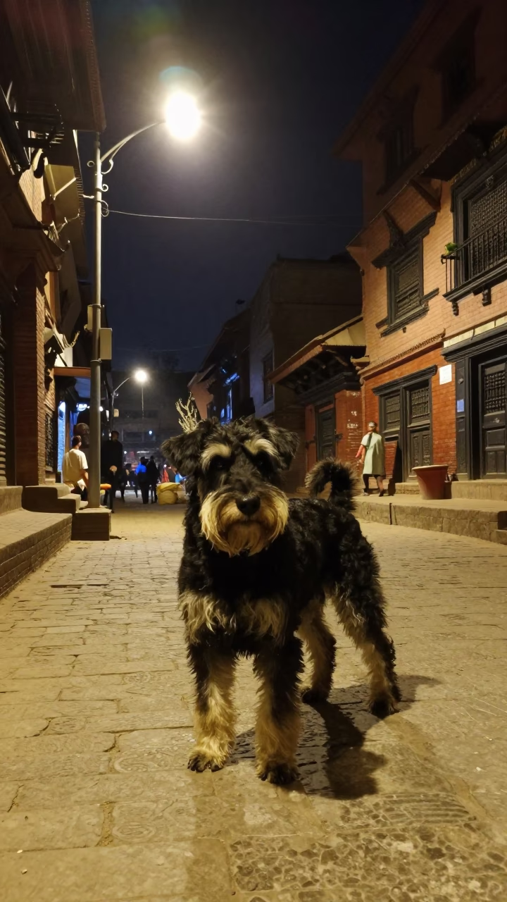 Late Night Kathmandu Street Scene with Giant Schnauzer and Local Commerce in in Kathmandu, Nepal