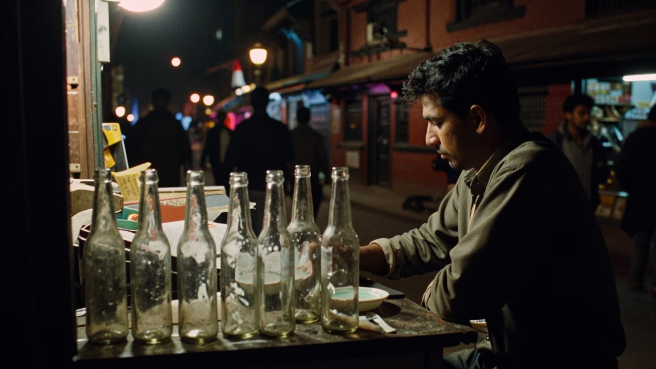 Late Night Kathmandu Street Scene with Glass Bottles and Local Eats in in Kathmandu, Nepal