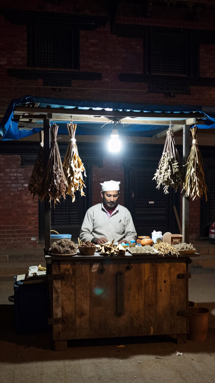 Late Night Kathmandu Street Scene with Herbalist Displaying Dried Spices and Traditional Clay Jars in in Kathmandu, Nepal