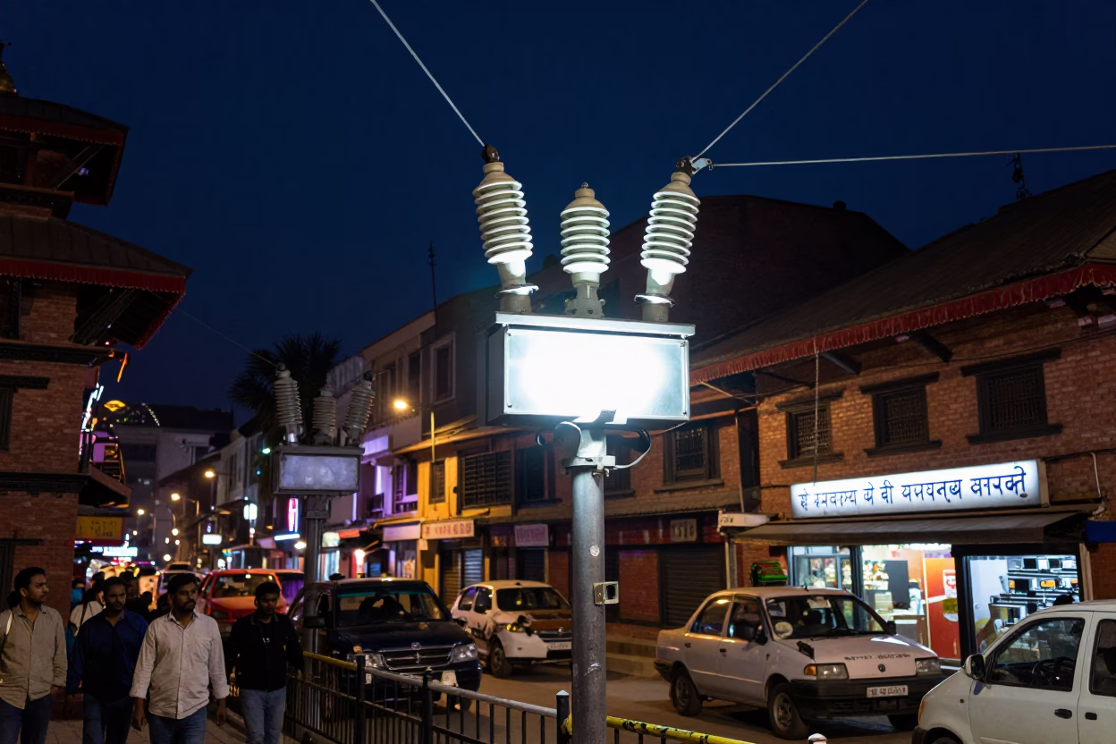 Late Night Kathmandu Street Scene with Neon Lights and Local Activity in in Kathmandu, Nepal