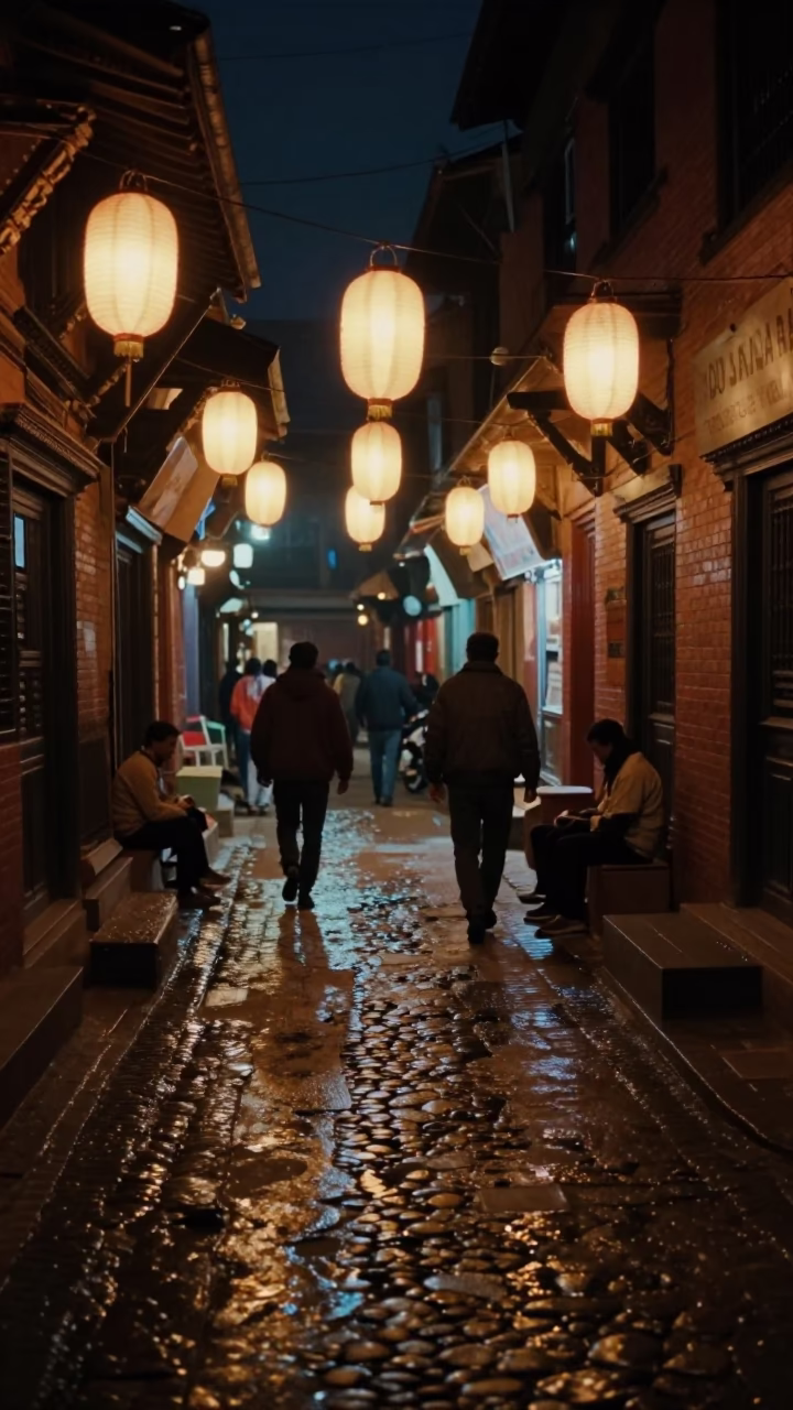 Late Night Kathmandu Street Scene with Paper Lanterns and Wet Mud Reflections in in Kathmandu, Nepal