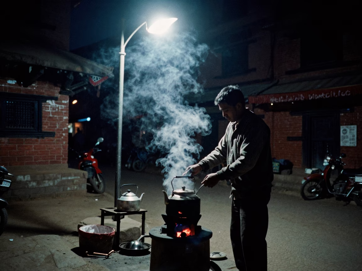 Late Night Kathmandu Street Scene with Tea Kettle and Traditional Archery Contest in in Kathmandu, Nepal
