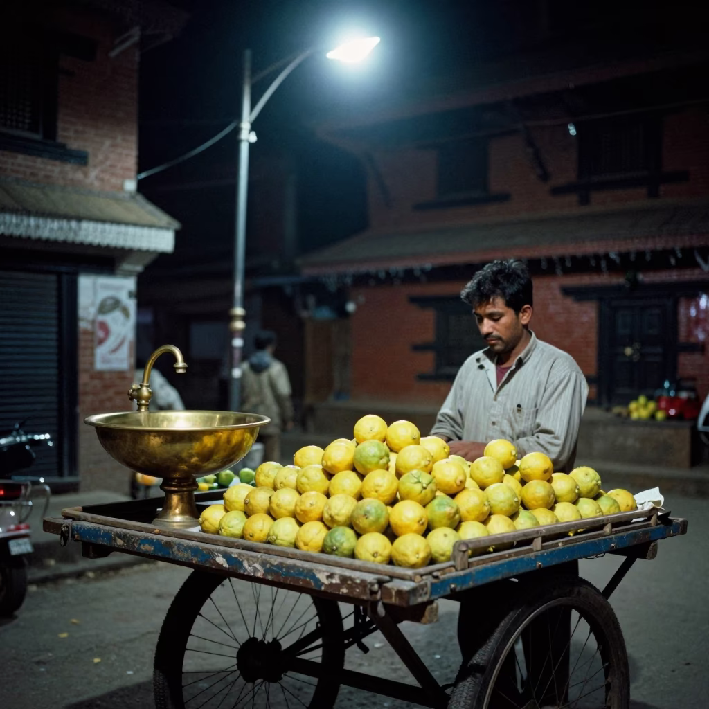 Late Night Kathmandu Street Scene with Vintage Brass Sink and Lemon Stall in in Kathmandu, Nepal