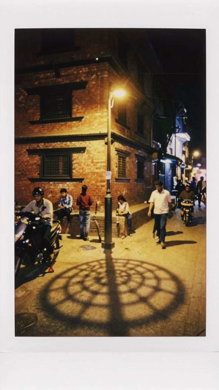 Late Night Kathmandu Street Scene with Wicker Shadow and Brick Architecture in in Kathmandu, Nepal
