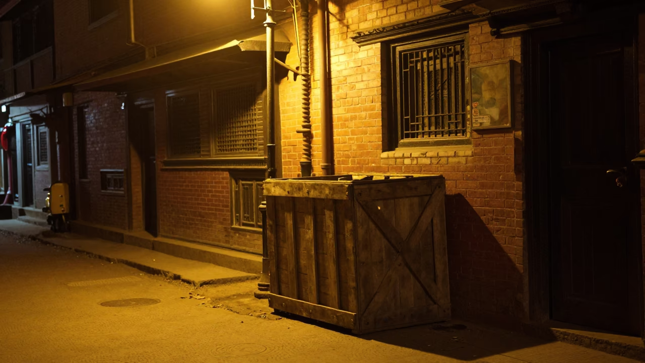 Late Night Kathmandu Street Scene with Wooden Crate and Toolbox in in Kathmandu, Nepal