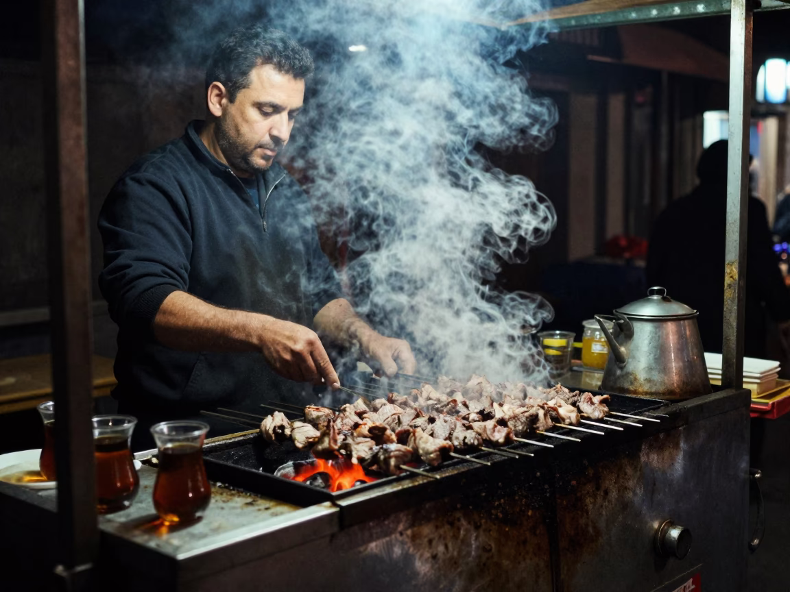 Late Night Kebab Grill in Istanbul Turkey with Steam and Street Life in in Istanbul, Turkey
