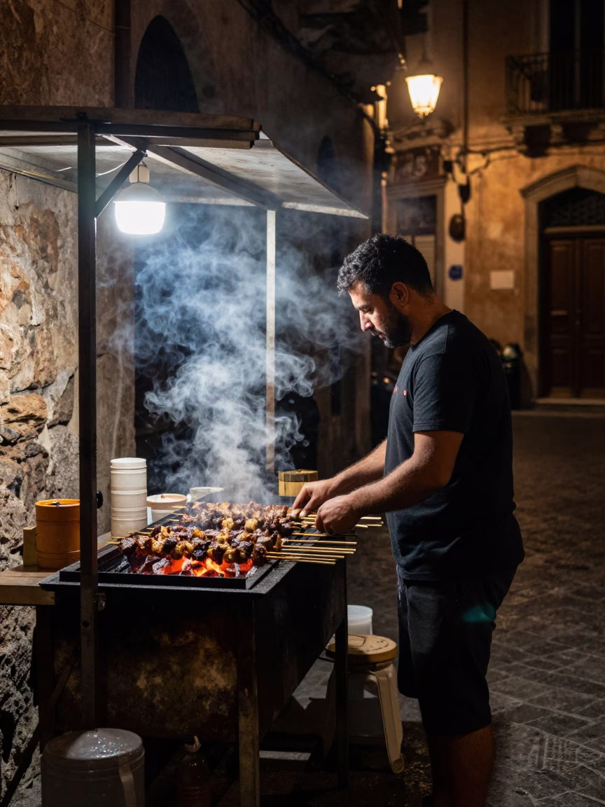 Late Night Kebab Grill in Palermo Italy Street Food Vendor Night Scene in in Palermo, Italy
