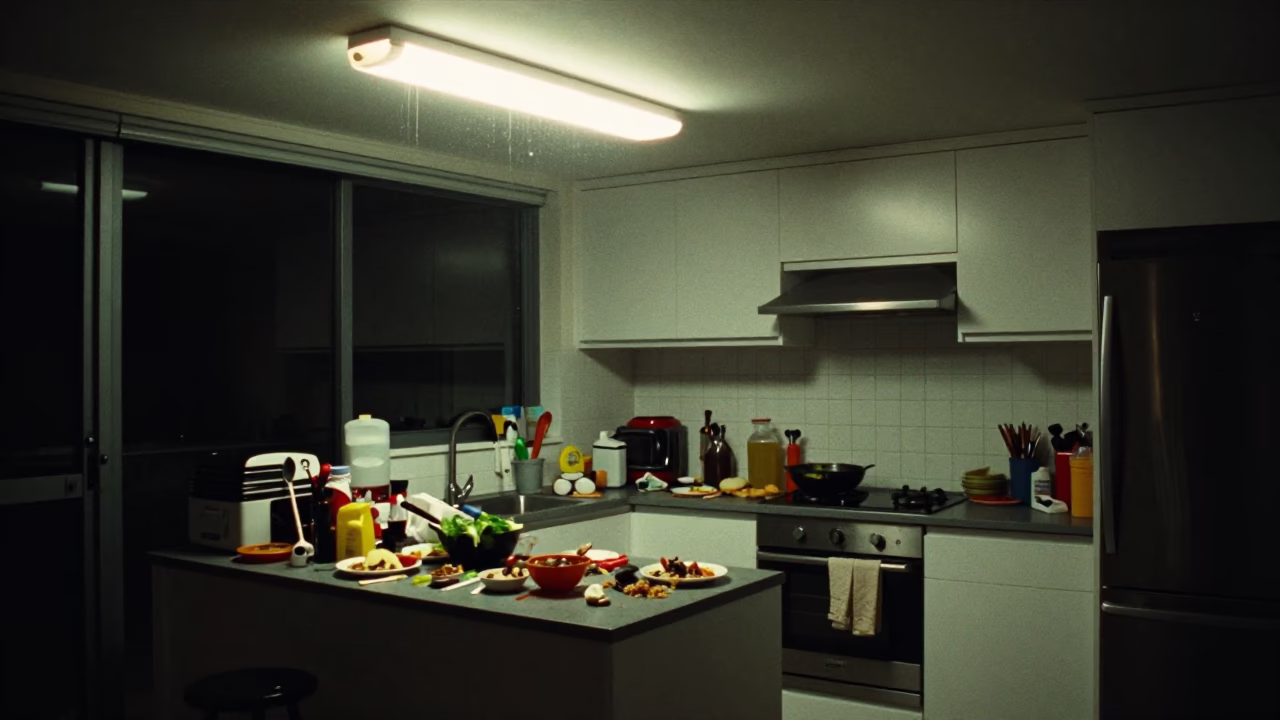 Late Night Kitchen Chaos in Sydney Apartment with Grease Sheen on Shelf Bracket in in Sydney, New South Wales, Australia