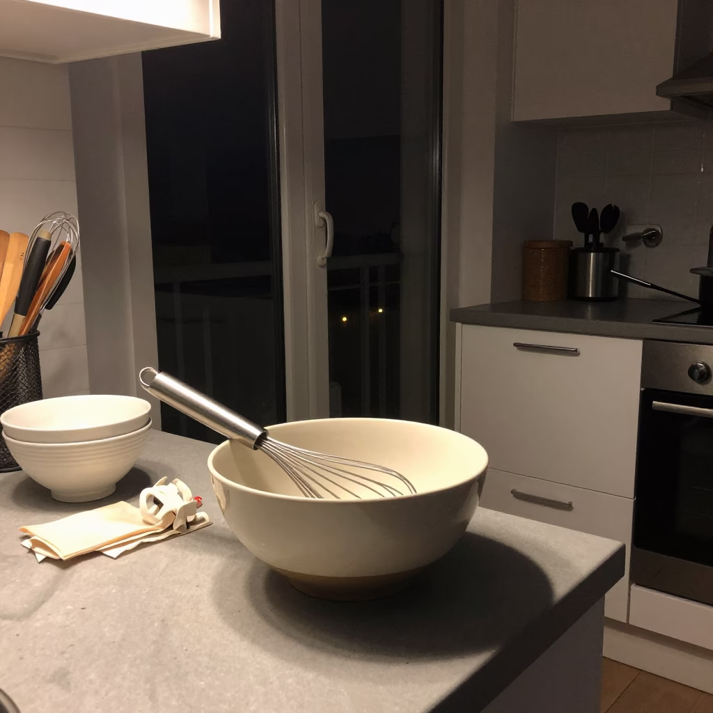 Late Night Kitchen Cleanup in Nice Apartment with Whisk and Drain Smudges in in Nice, France