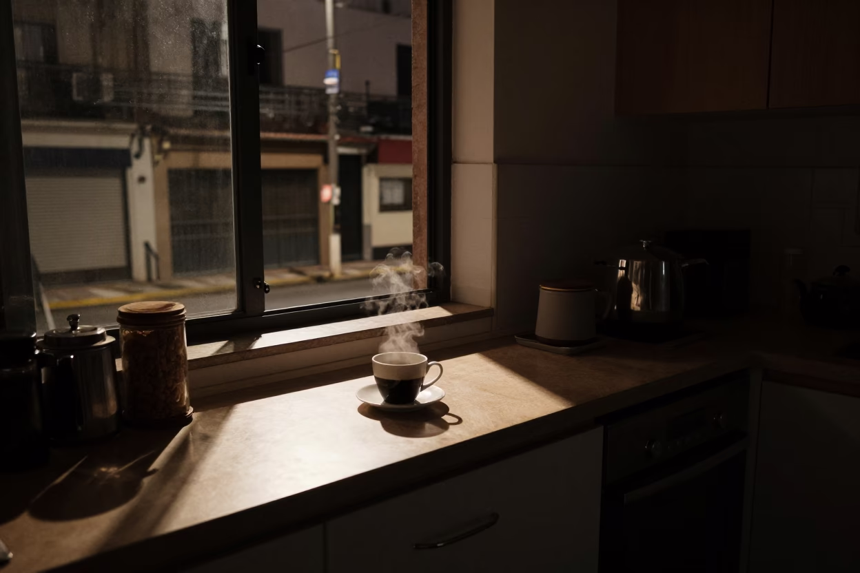 Late Night Kitchen Counter in Buenos Aires Apartment with Coffee and Pastries in in Buenos Aires, Argentina
