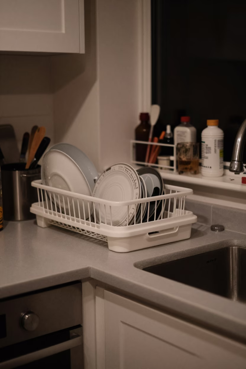 Late Night Kitchen Counter with Dish Rack and Apples in London Apartment in in London, United Kingdom
