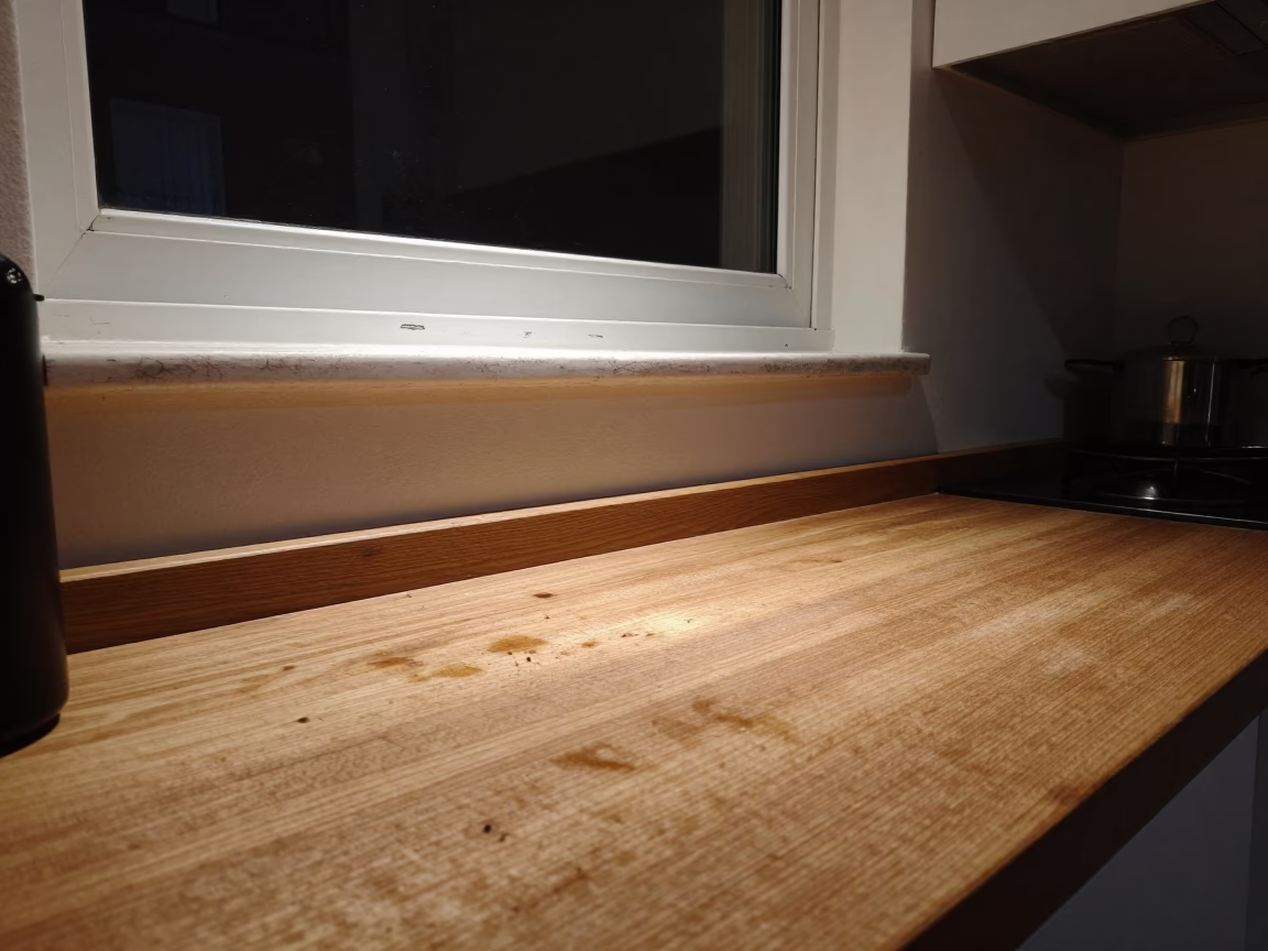Late Night Kitchen Counter with Scratched Sill and Coffee Grinder in Madrid Apartment in in Madrid, Spain