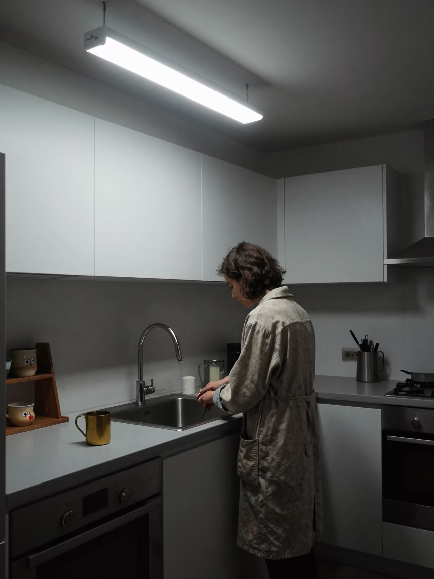 Late Night Kitchen Interior in Milan Apartment with Brass Cup and Ceramic Bowls in in Milan, Italy