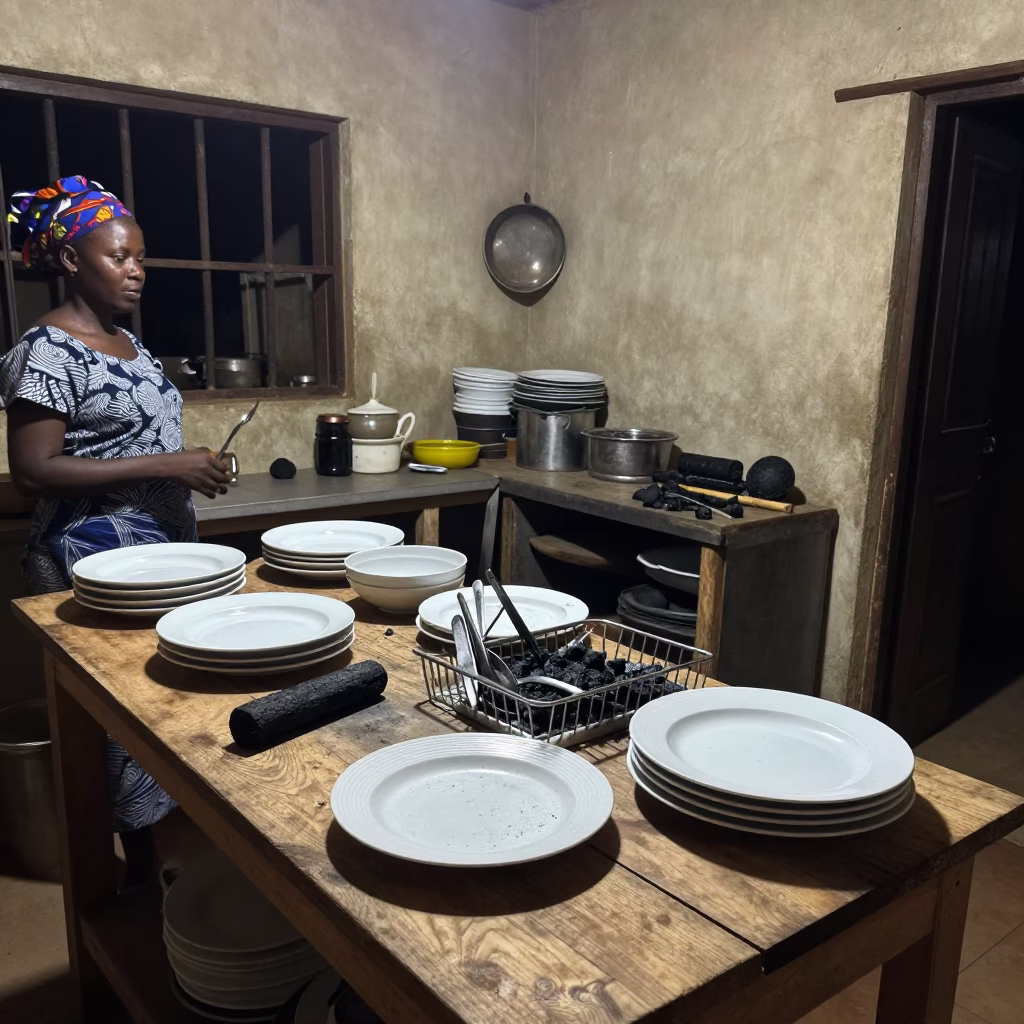 Late Night Kitchen Scene in Accra Ghana with Charcoal and Ceramic Dishes in in Accra, Ghana