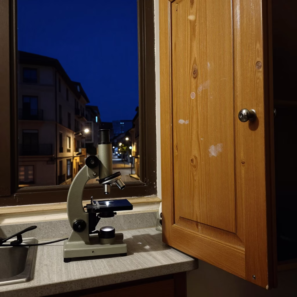 Late Night Kitchen Scene in Bilbao Spain with Antique Microscope and Cookbooks in in Bilbao, Spain