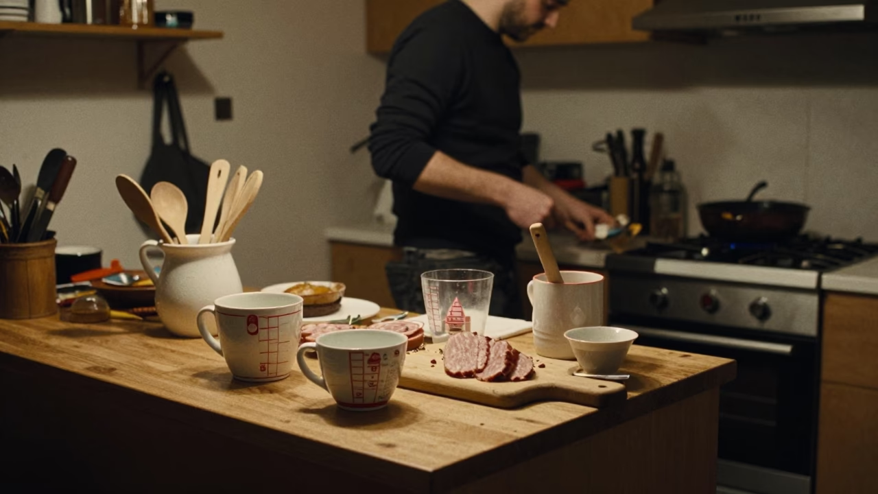 Late Night Kitchen Scene in Bologna Italy with Measuring Cups and Utensil Crock in in Bologna, Italy