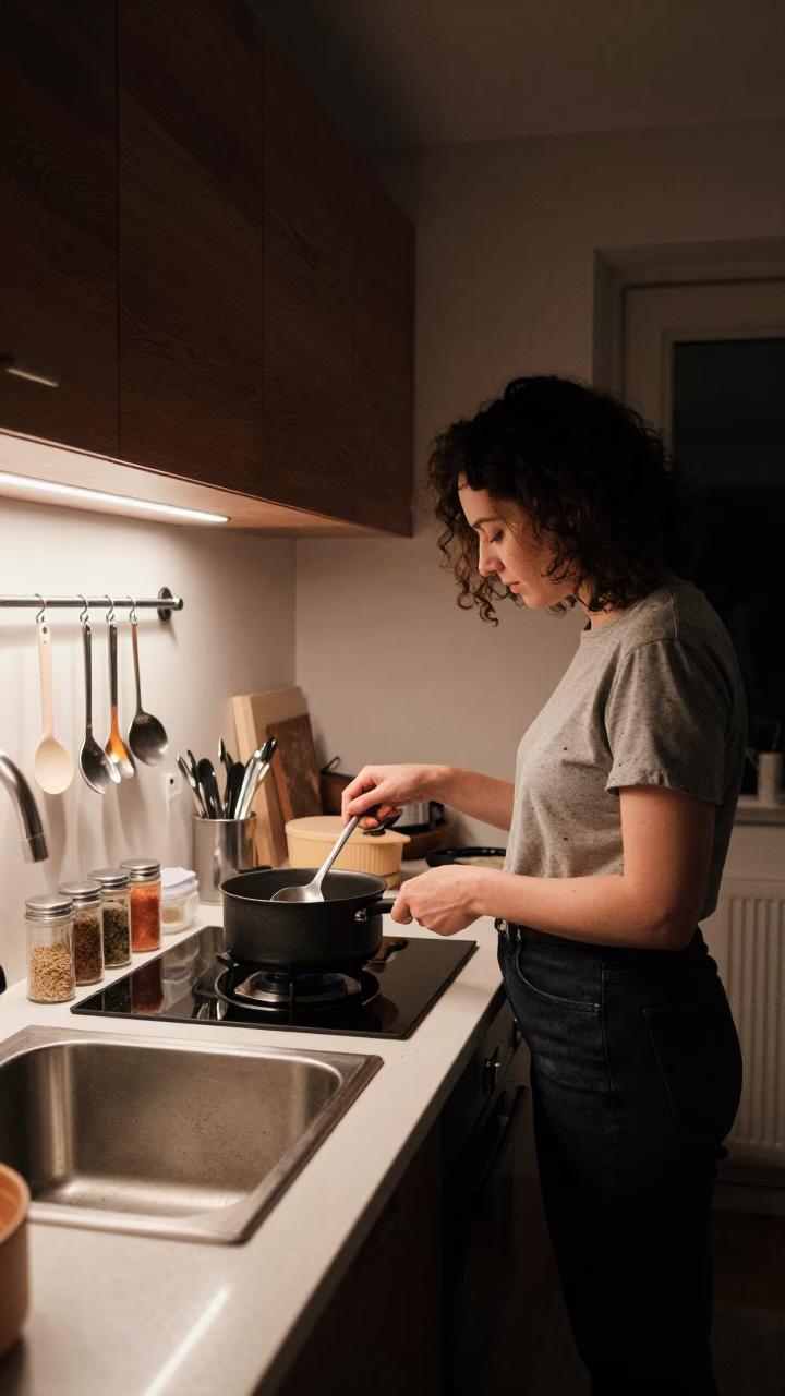 Late Night Kitchen Scene in Budapest Apartment with Ladle and Spice Jars in in Budapest, Hungary