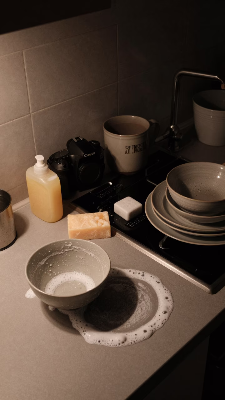 Late Night Kitchen Scene in Copenhagen Denmark with Dishes and Soap Residue in in Copenhagen, Denmark