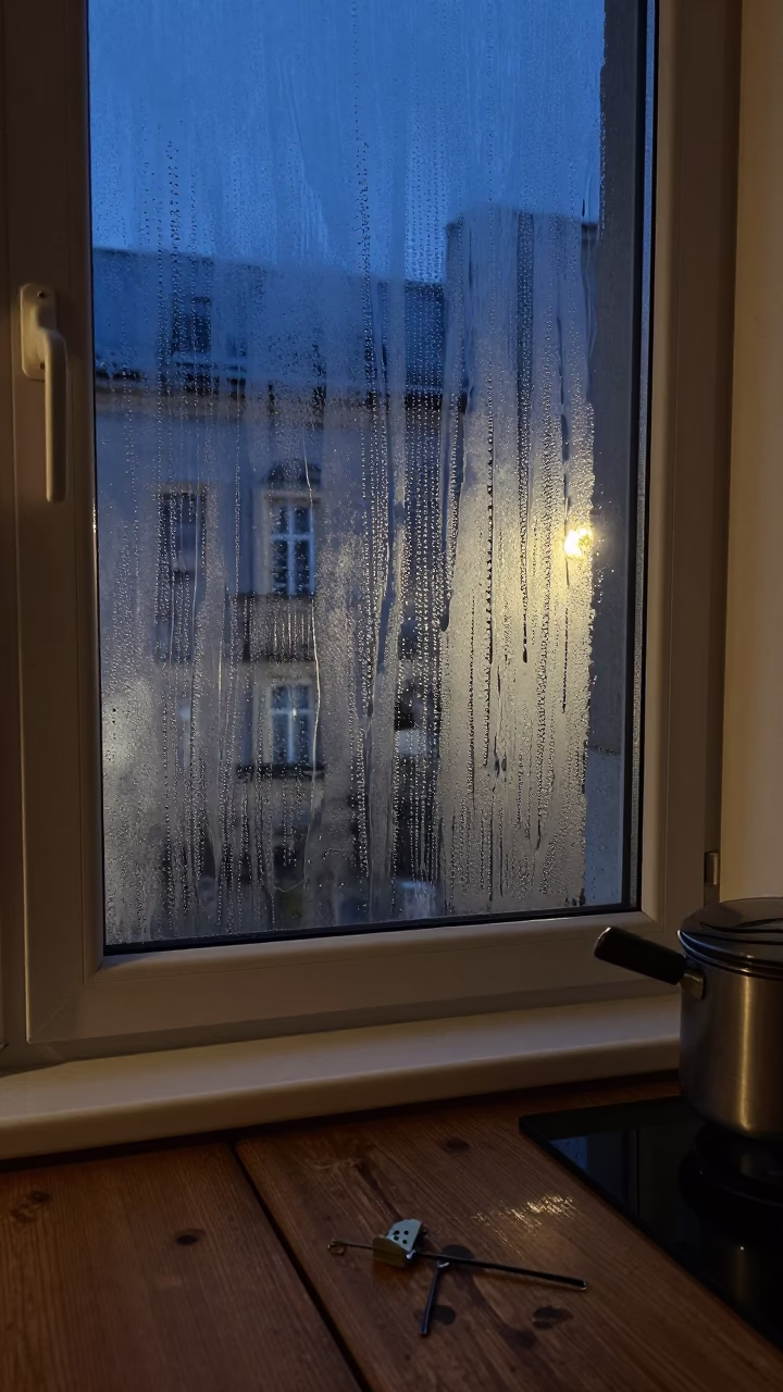 Late Night Kitchen Scene in Krakow Apartment with Condensation and Vintage Details in in Krakow, Poland