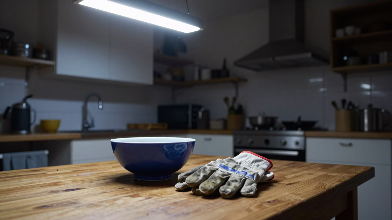Late Night Kitchen Scene in Nice France with Blue Porcelain Bowl and Work Gloves in in Nice, France