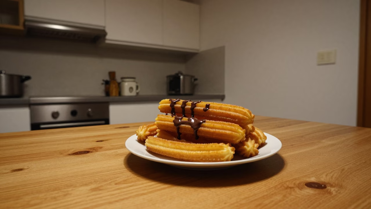 Late Night Kitchen Scene in Valencia Spain with Churros and Chocolate Sauce in in Valencia, Spain