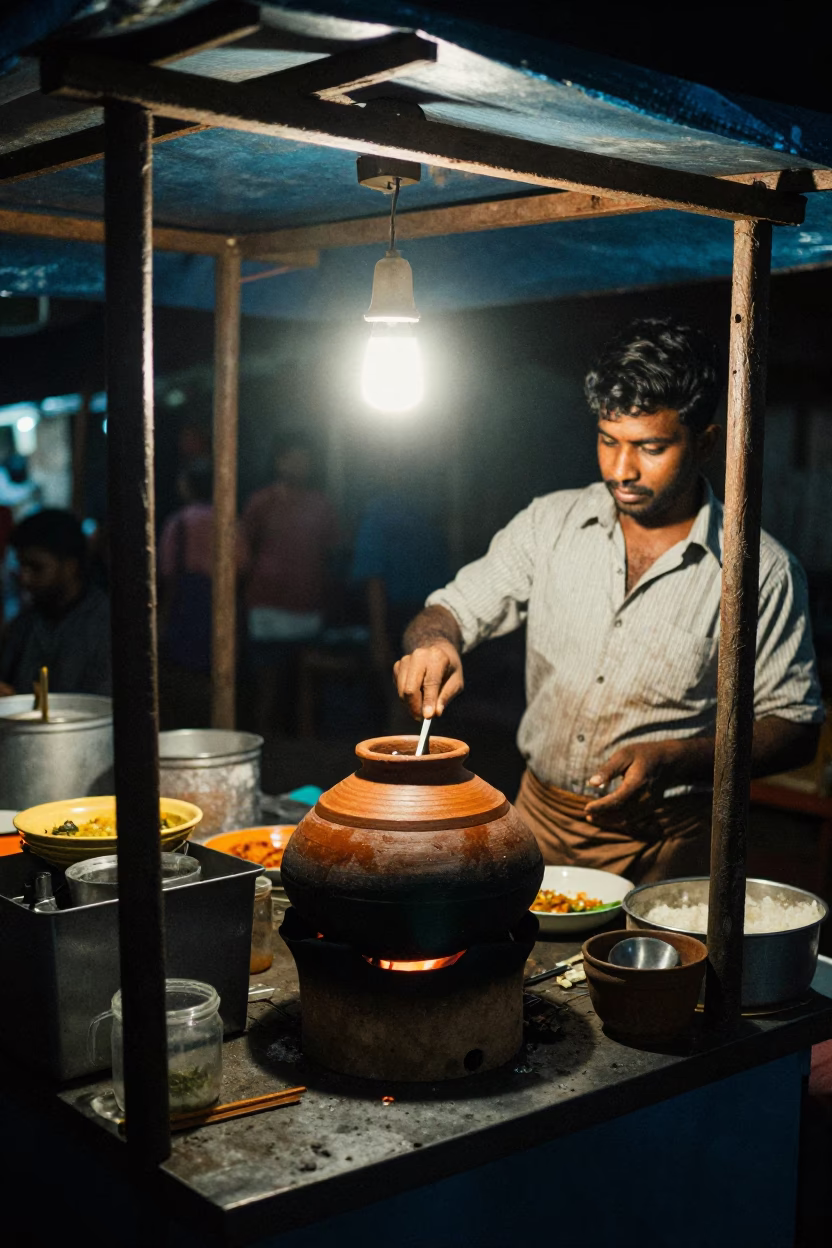 Late Night Kochi Street Food Stall With Clay Pot And Steaming Food in in Kochi, India