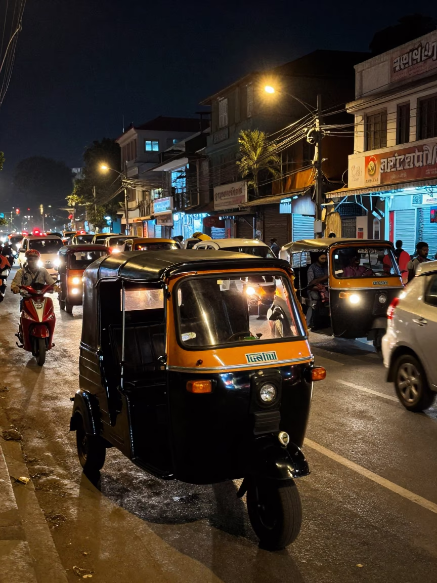 Late Night Kochi Street Scene with Auto Rickshaw and Chili Peppers in in Kochi, India