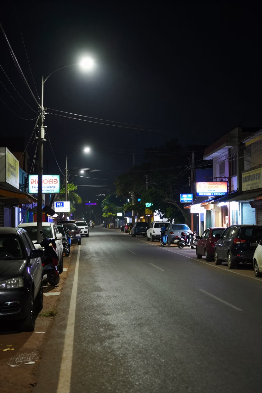 Late Night Kochi Street Scene with Flickering Neon Signs and Wet Pavement Reflections in in Kochi, India