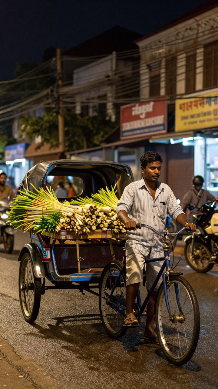Late Night Kochi Street Scene with Lemongrass Vendor and Neon Glow in in Kochi, India