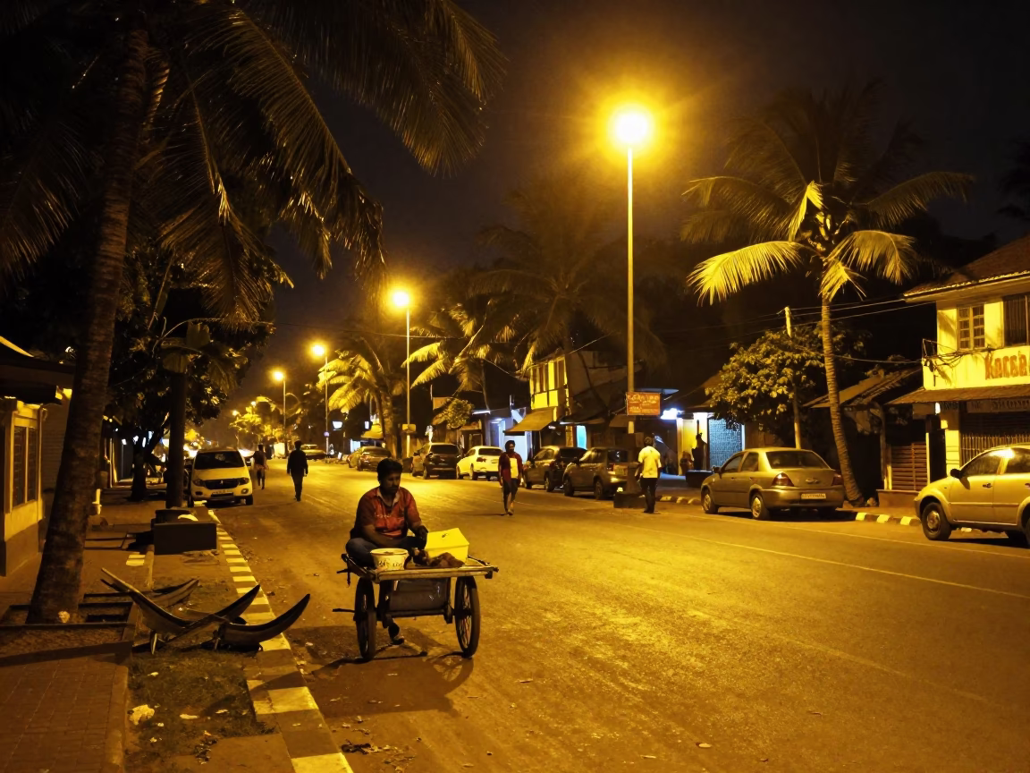 Late Night Kochi Street Scene with Palm Trees and Rusted Drawbridge Background in in Kochi, India