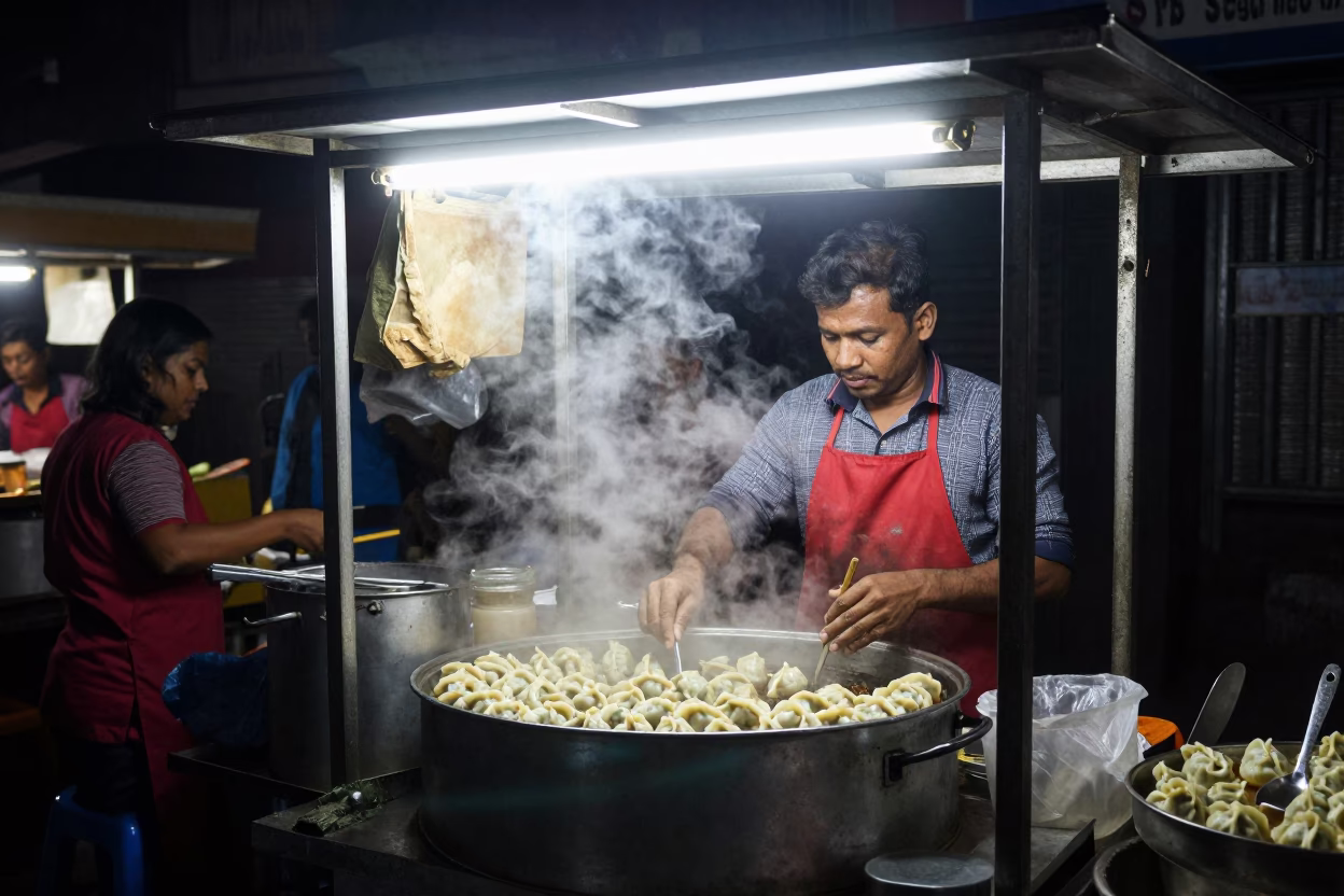 Late Night Kolkata Street Food Stall with Dumplings and Kitchen Tongs in in Kolkata, India