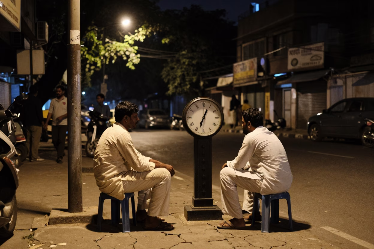 Late Night Kolkata Street Scene with Chess Clock and Urban Life in in Kolkata, India