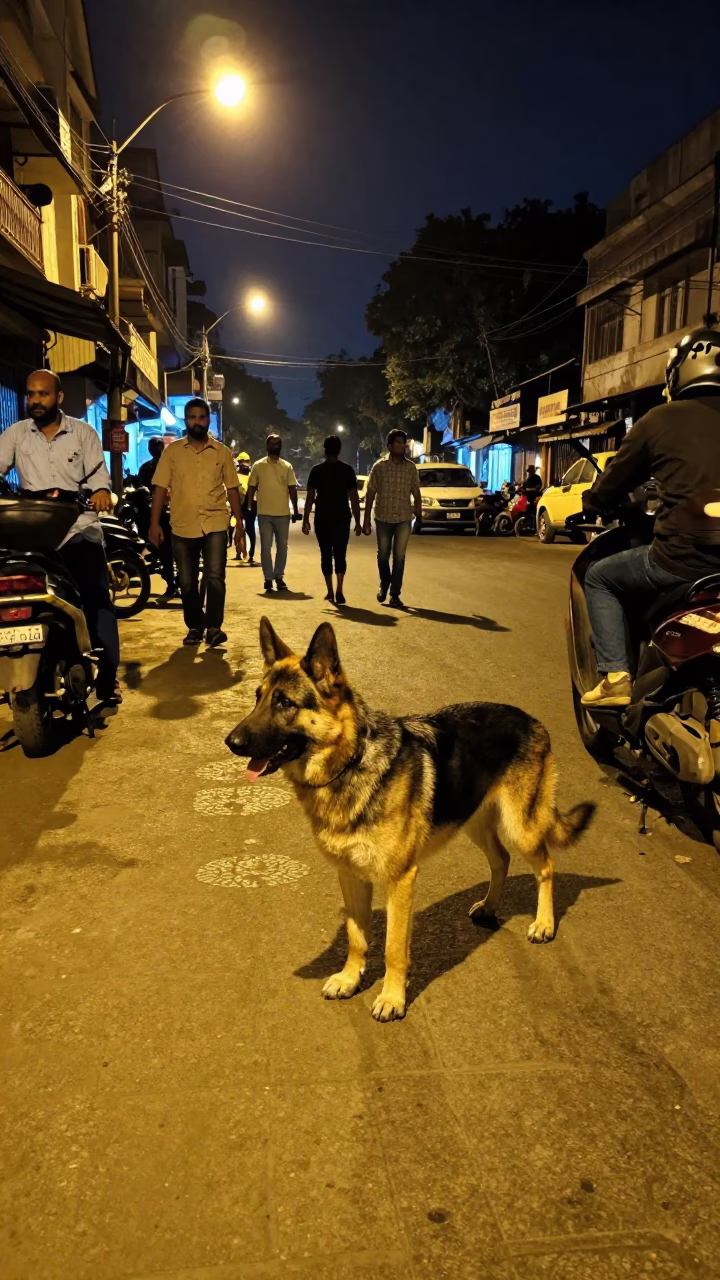 Late Night Kolkata Street Scene with German Shepherd and Metal Stools Outside Tea Stall in in Kolkata, India