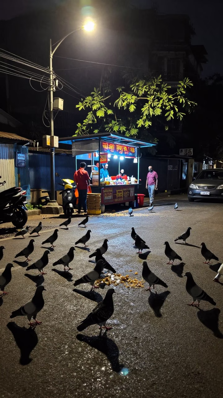 Late Night Kolkata Street Scene with Pigeons and Urban Details in in Kolkata, India