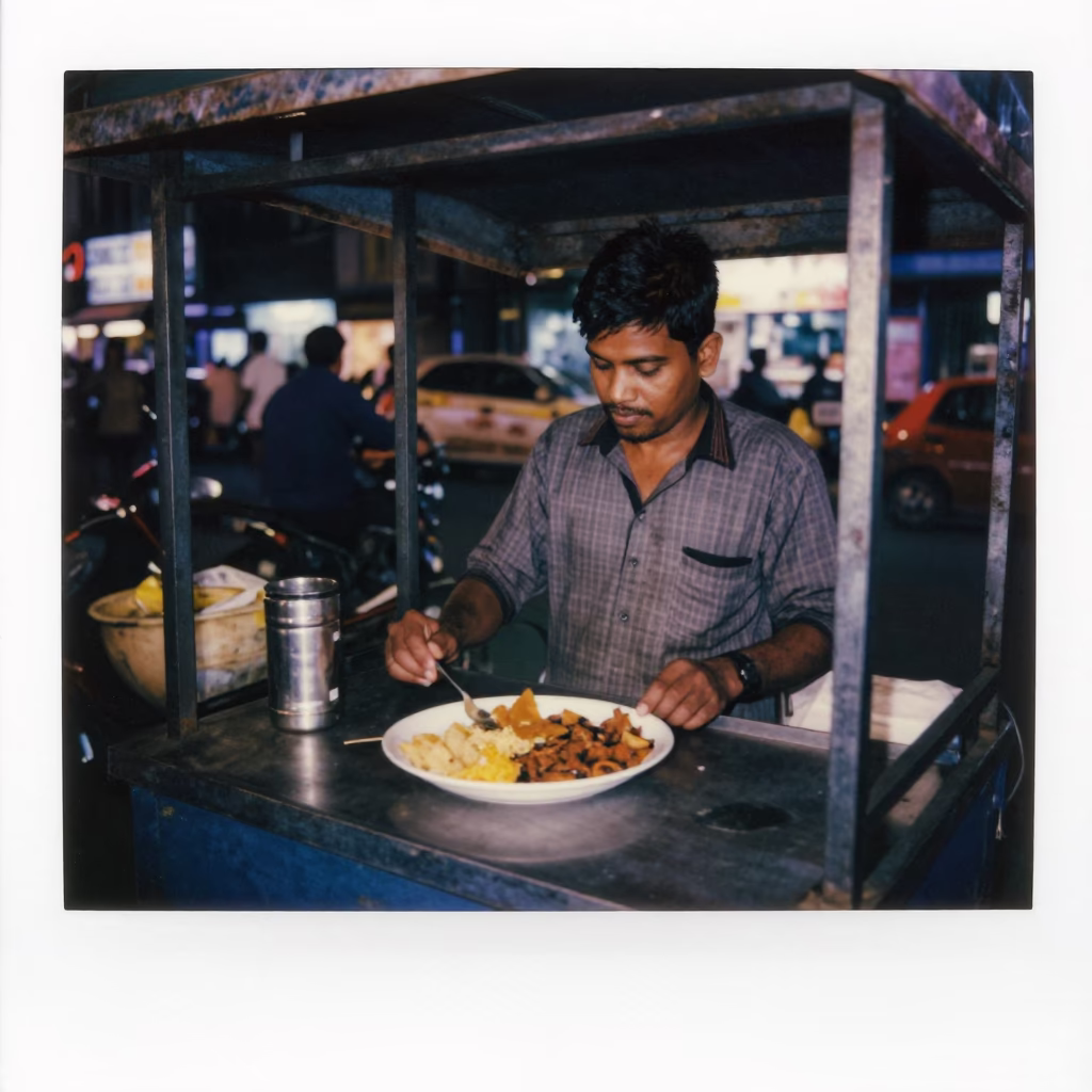 Late Night Kolkata Street Scene with Plate of Food and Brooch Detail in in Kolkata, India