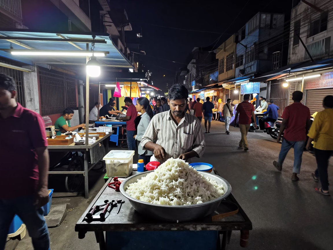 Late Night Kolkata Street Scene with Sewing Tools and Shaved Ice Vendor in in Kolkata, India